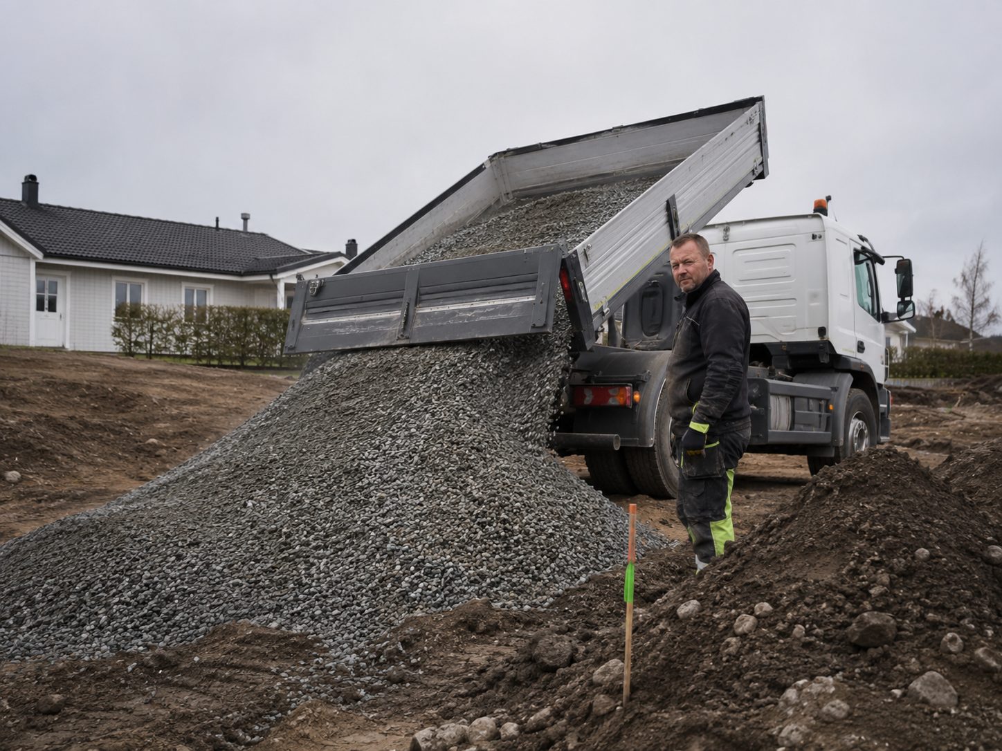 Lastebil som tipper pukk på et oppdrag i Vestfold