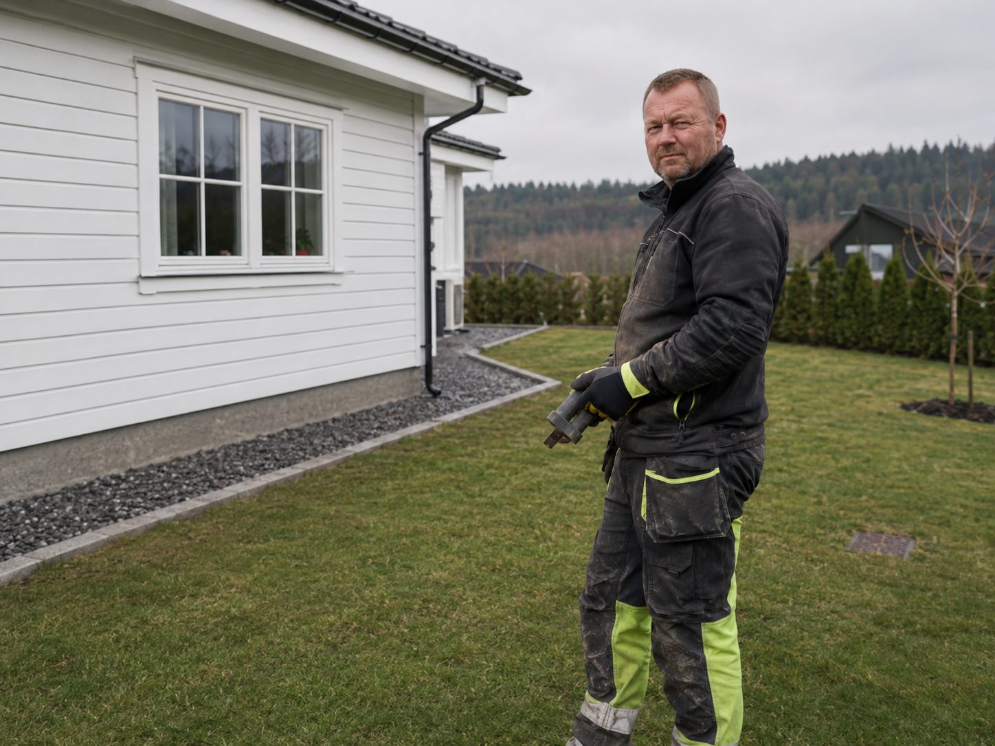 Ferdig planert uteområde med nylagt plen ved enebolig i Sande