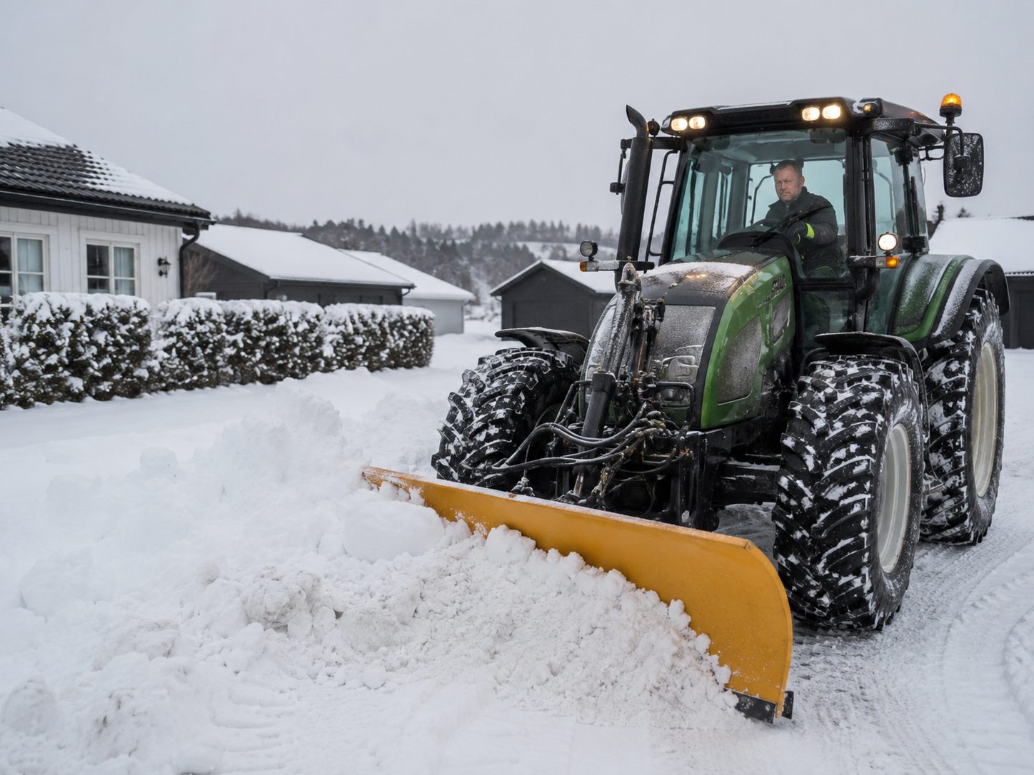 Traktor med plog som brøyter snø på gårdsplass i Sande